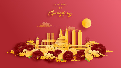 Chongqing, China world famous landmark in gold and red background. Paper cut vector illustration.