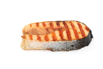 Grilled salmon steak isolated on white background