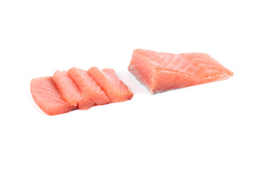 Sliced salmon fillet isolated on white background.