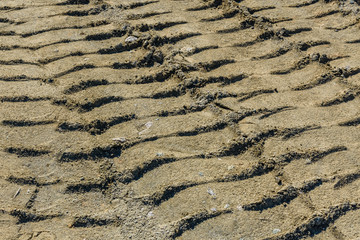 Impints of the truck tires on sand near quarry. Earthworks, offroad