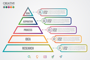 Pyramid triangle infographic colorful template with 5 steps or options concept.Each part contains unique number, icon and space for own text or other purposes.Can be used for web, diagram, graph.