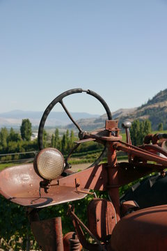 A vintage tractor in a vineyard - steering wheel