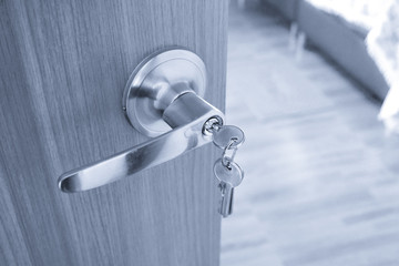 Metal door knob and keys closeup,Interior door knob in bedroom