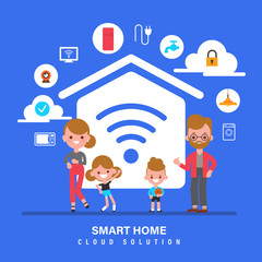 Smart home, Internet of things, IOT, Family with smart home concept illustration. Flat design style cartoon character.