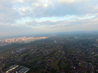 Fototapeta na wymiar Aerial view of the saburb landscape (drone image). Near Kiev. Early morning. Sunrise time.