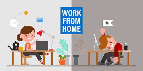 Mental Health when Working From Home. Man and Woman sitting in their workspace expressing different emotions. Flat design style cartoon character.