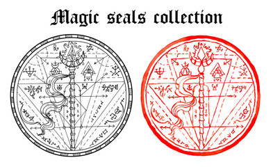 Design set of magic seals with wand and mystic symbols isolated on white.