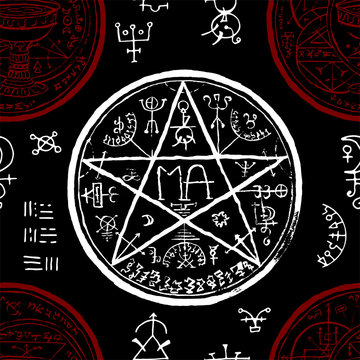 Seamless pattern with pentagram and mystic, fantasy symbols on black. Halloween line art vector illustration. Esoteric, occult and gothic background