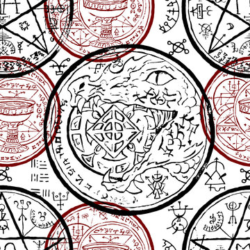 Seamless pattern with magic seals and mystic symbols on white. Halloween line art vector illustration. Esoteric, occult and gothic background