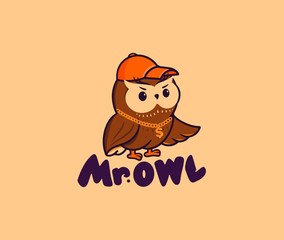 The cute Mister owl with a gold chain and a cap. Vector logo, cartoon character