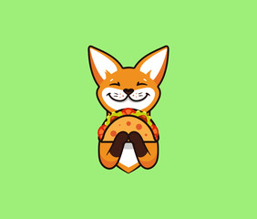 The logo funny fox eats taco. Cute foxy, cartoon character, food logotypeWeb