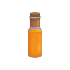 Vector illustration with a glass bottle of essential oil or an orange base oil in cartoon style. Aromatherapy oil for spa treatments, cooking and perfumes. Icon for website design, packaging