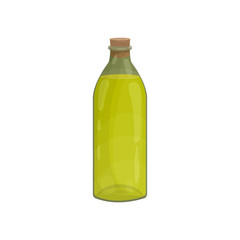 Vector illustration with a glass bottle of essential oil or olive, nutty liquid oil in cartoon style. Aromatherapy oil for spa treatments, cooking and perfumes. Icon for website design, packaging