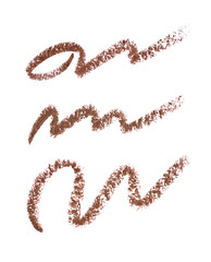 Set eyeliner, eyebrow brown pencil trace smear smudge stroke isolated on white. Makeup eye liner pencil collection. Eyeliner contour curve line. Make up beauty product texture. Woman cosmetic crayon