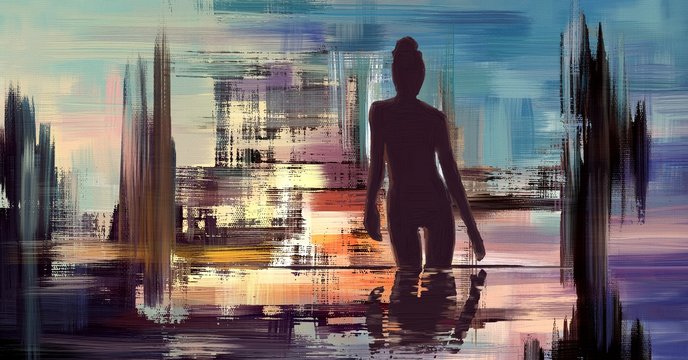 Abstract seascape painting. Silhouette of woman, surreal landscape artwork in contemporary style. Modern fantasy art, beautiful scenery illustration.