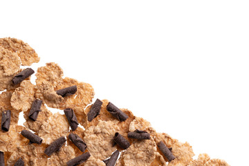 Tasty homemade granola isolated on white. Corn flakes, fresh granola, muesli with chocolate flakes.