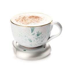 Cup of coffee with heater on white background