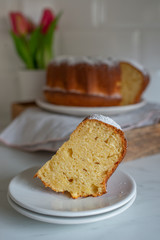 freshly baked curd cheese gugelhupf with powdered sugar