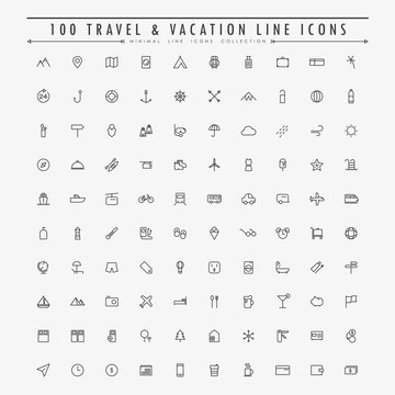 100 travel and vacation minimal line icons collection