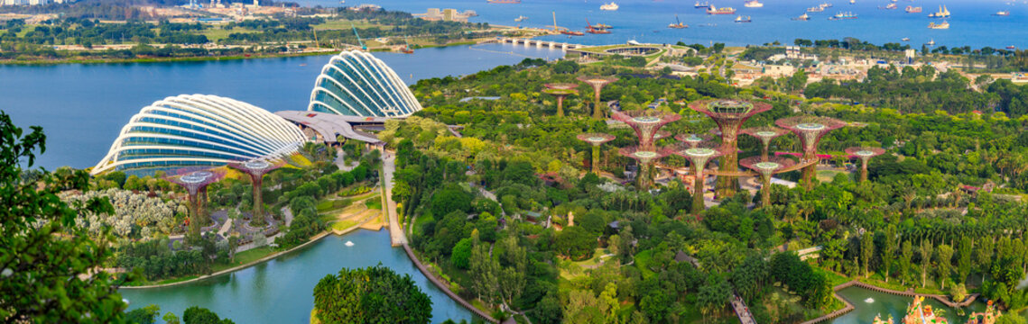 Aerial panorama of Cloud Forest, the Flower Dome and the Supertree Grove in Gardens by the Bay, Singapore at daytime