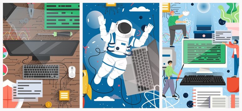 Quantum computing technology vector poster template set