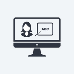 online education icon. vector symbol education home. female teacher learns from monitor screen