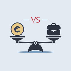 euro vs briefcase on scale. money making concept, vector symbol in flat style