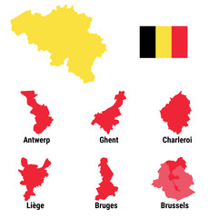 Belgium infographic map city Brussels Bruxelles, Liege Luik, Gent Ghent, Brugge Bruges, Charleroi, Antwerp Antwerpen with national flag