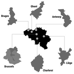 Belgium infographic map city Brussels Bruxelles, Liege Luik, Gent Ghent, Brugge Bruges, Charleroi, Antwerp Antwerpen