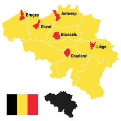 Belgium infographic map city Brussels Bruxelles, Liege Luik, Gent Ghent, Brugge Bruges, Charleroi, Antwerp Antwerpen with national flag
