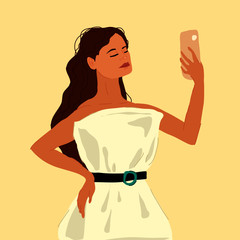 Cute woman wearied in white pillow dress with phone to make selfie for crazy Pillow Challenge. Quarantine time. Coronavirus isolation. Stay home. Modern flat vector illustration.