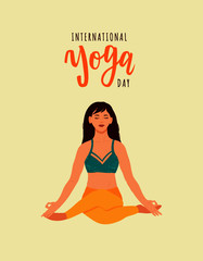 International Yoga day hand lettering text. Cute woman doing yoga with tropic leaves background. Modern flat vector illustration.