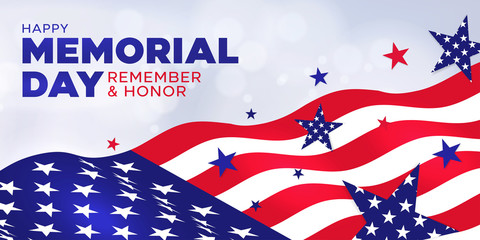 Memorial Day holiday banner, USA flag waving on light background with stars. Design template for sale, discount, advertisement, web. Place for your text. Vector illustration
