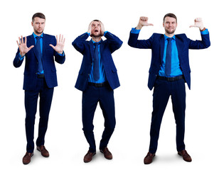 Obraz premium Collage of young businessman shows different gestures.