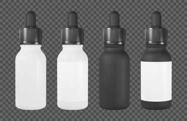 Vape or cosmetic bottle with pipette. White and black vial with label. Realistic vector mockup.