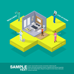 Isometric health medicine protection coronavirus horizontal flowchart composition with text captions and icons of symptoms with people vector illustration.