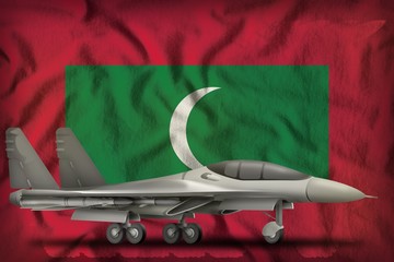 fighter, interceptor on the Maldives state flag background. 3d Illustration