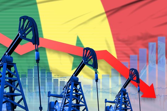 lowering, falling graph on Senegal flag background - industrial illustration of Senegal oil industry or market concept. 3D Illustration
