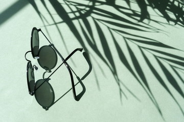 sunglasses and floral palm shadows on mint background top view. Flat lay creative fashion  lifestyle .