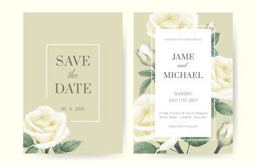 White rose wedding invitation card Minimalist style. White frame trimmed with roses. Wedding card set.