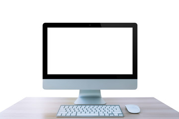 Computer monitor, mouse, keyboard on table isolated white background.