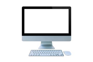 Computer monitor, mouse, keyboard isolated on white background.