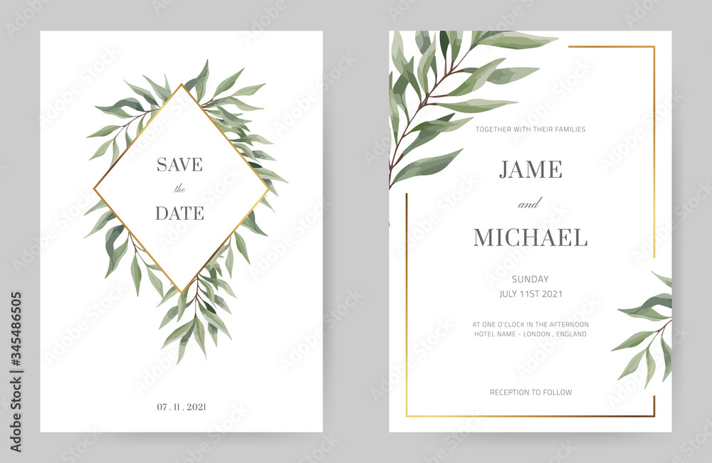 Wall mural green eucalyptus leaf wedding invitation, white background, gold frame, minimalist design.