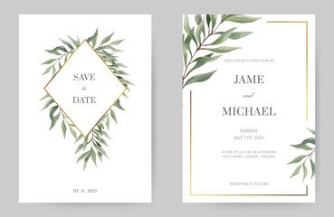Fototapeta na wymiar Green Eucalyptus Leaf Wedding Invitation, White Background, Gold Frame, Minimalist Design.