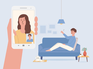 Men using a smartphone for video calls with his colleague from home. Hand holding white smartphone have women on the mobile screen greet her friend. Illustration of New normal and social distancing.