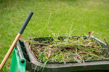 Green bin container filled with garden waste. Recycling garbage for a better environment.