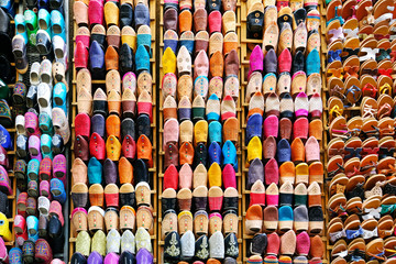 Colorful leather moroccan slippers. Souvenirs for sale on the street in a shop in Morocco