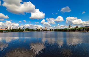 View of the city pond in summer