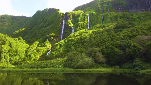 Drone footage of "Cascata da Ribeira do Ferreiro" Waterfall in Flores Azores Island