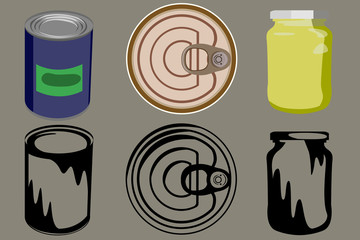 Set of three canned food, in two versions color and black and white.